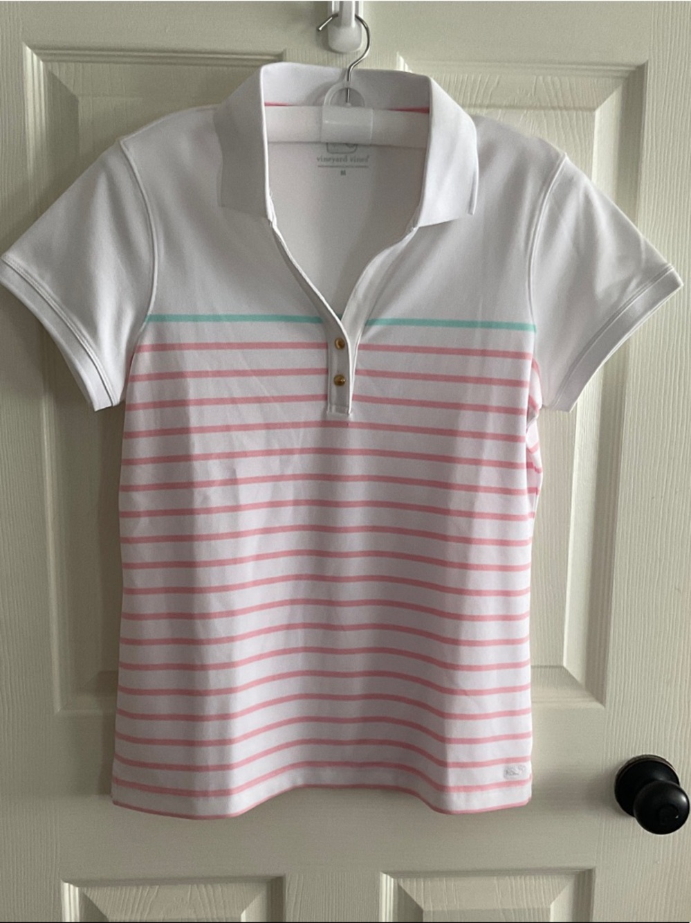 Vineyard Vines White Polo Tee with Pink Stripes and Mint Accent